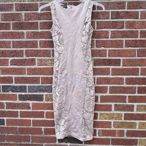 Bebe Womens Sheath Midi Dress Nude Floral Lace Sleeveless Bodycon Stretch Sz XS